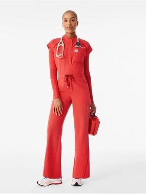 Figs Marvel Red Drawstring Short-Sleeve Jumpsuit-Hibiscus Color